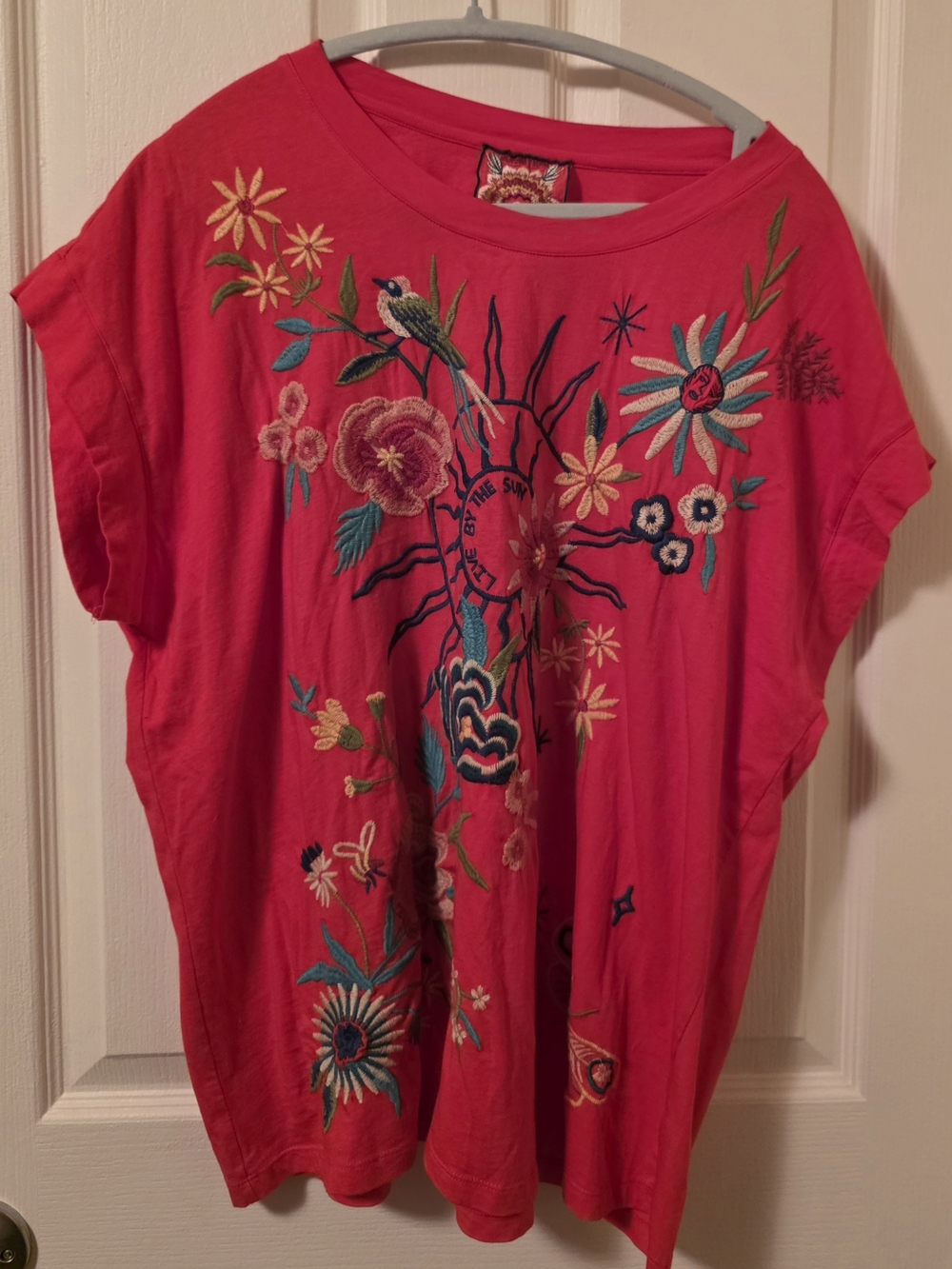 Johnny Was Bright Pink Embroidered Floral Tee